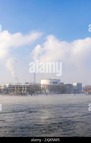 Site de l'usine BASF sur les rives du Rhin, entreprise chimique, brumeux Mood, Ludwigshafen, Rhénanie-Palatinat, Allemagne Banque D'Images