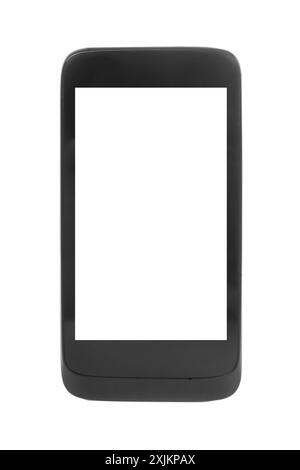 Smartphone noir moderne, isolé sur blanc. Écran vide, gros plan Banque D'Images