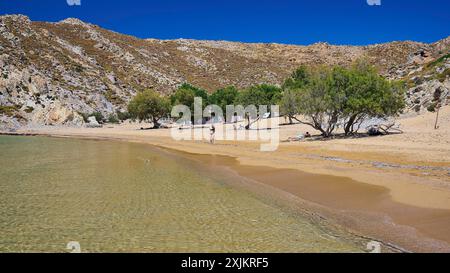 Plage calme avec de l'eau claire et du sable doré, entourée d'arbres et de rochers sous un ciel bleu profond, tamaris, plage de Psili Ammos, Patmos Banque D'Images