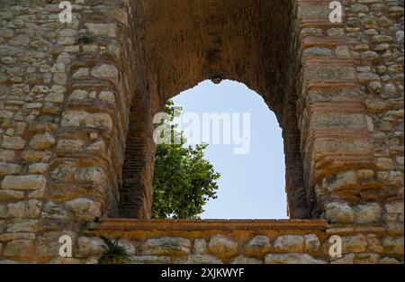 (240719) -- ISTANBUL, 19 juillet 2024 (Xinhua) -- cette photo prise le 18 juillet 2024 montre une scène de l'aqueduc de Valens à Istanbul, T¨¹rkiye. L'aqueduc de Valens est un important aqueduc romain antique à Istanbul. Dans le cadre d'un plus grand système d'approvisionnement en eau, il a été achevé à la fin du IVe siècle après JC sous le règne de l'empereur romain Valens, d'après qui il porte le nom. La structure est remarquable pour son ingénierie impressionnante et sa conception architecturale. L'aqueduc a été construit en utilisant une combinaison de pierre et de brique, et il comporte une série d'arches qui soutiennent le canal d'eau au-dessus. T Banque D'Images