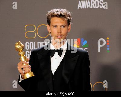 Austin Butler lors de la 80e cérémonie annuelle des Golden Globe Awards qui s'est tenue au Beverly Hilton Hotel à Beverly Hills, États-Unis, le 10 janvier 2023 Banque D'Images