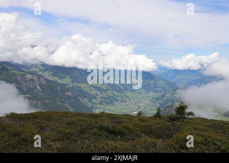 Vue de l'Ahornberg vers le bas dans le Zillertal, pente de montagne verdoyante envahie au premier plan Banque D'Images