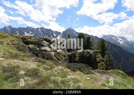 Vue de l'Ahornberg sur les rochers et les conifères ainsi que les sommets enneigés d'une chaîne de montagnes Banque D'Images
