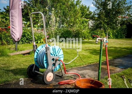 Arrosage tuyau d'arrosage sur la bobine dans le jardin d'été Banque D'Images