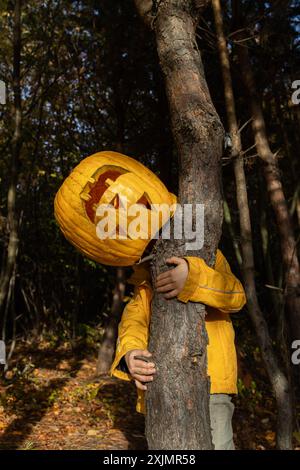 la citrouille sculptée inversée est fixée sur un arbre derrière lequel un enfant se tient Banque D'Images