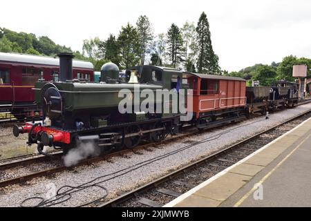 Char valise no 1369 de classe GWR 1366 se tenant à la gare Buckfastleigh sur le South Devon Railway avec un train de marchandises de démonstration. Banque D'Images