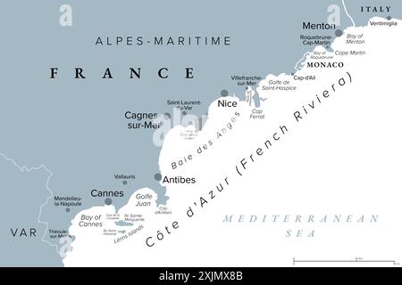 Monaco, Nice et Cannes, carte politique grise. La bande côtière des Alpes-Maritimes, département de France, située sur la Côte d'Azur. Banque D'Images