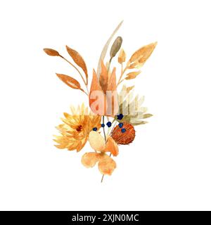 Aquarelle automne fleurs séchées et arrangement de feuilles isolé sur fond blanc. Illustration florale dessinée à la main. Clipart botanique pour saluer CA Banque D'Images