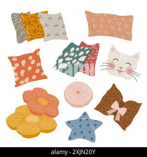 Ensemble d'oreillers à motifs textiles dans le style Hygge. Illustration de Vecteur