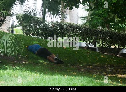 Malaga, Espagne. 19 juillet 2024. Un homme est vu dormir à l'ombre des arbres pendant la première vague de chaleur espagnole de l'été. L’Agence d’État météorologique espagnole a émis un avertissement orange pour plusieurs villes du pays, en raison de la combinaison de températures élevées, de poussière et de brume provenant d’Afrique du Nord qui feront monter les températures au-dessus de 40 degrés. (Photo de Jesus Merida/SOPA images/SIPA USA) crédit : SIPA USA/Alamy Live News Banque D'Images