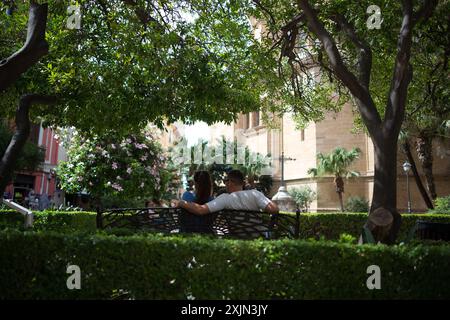 Malaga, Espagne. 19 juillet 2024. Un couple est vu assis sur un banc à l'ombre des arbres pendant la première vague de chaleur espagnole de l'été. L’Agence d’État météorologique espagnole a émis un avertissement orange pour plusieurs villes du pays, en raison de la combinaison de températures élevées, de poussière et de brume provenant d’Afrique du Nord qui feront monter les températures au-dessus de 40 degrés. (Photo de Jesus Merida/SOPA images/SIPA USA) crédit : SIPA USA/Alamy Live News Banque D'Images