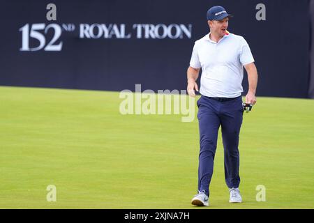 Justin Rose de l'Angleterre réagit après avoir manqué un putt sur le 17e green lors de la deuxième journée de l'Open à Royal Troon, South Ayrshire, Écosse. Date de la photo : vendredi 19 juillet 2024. Banque D'Images