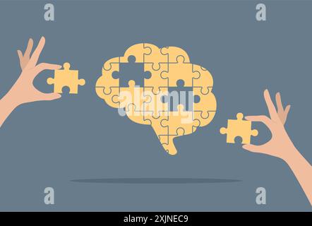 Un cerveau de puzzle jaune et deux mains mettant les pièces manquantes dedans. Illustration vectorielle plate Illustration de Vecteur