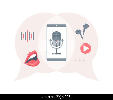 Microphone sur écran smaptphone avec bouche ouverte, écouteurs sans fil et icônes sonores à l'intérieur des bulles de parole, isolé sur fond blanc. Poscast Conce Illustration de Vecteur