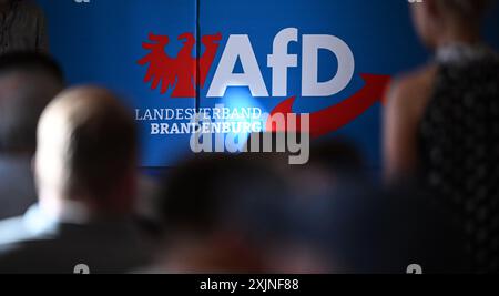 19 juillet 2024, Brandebourg, Werder (Havel) : les participants s'assoient devant le logo du parti lors de l'événement de lancement de l'AFD pour les élections d'État dans le Brandebourg. Photo : Britta Pedersen/dpa Banque D'Images