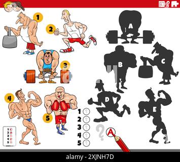 Illustration de dessin animé de trouver les ombres à droite à l'activité éducative d'images avec des personnages animaux d'athlètes Illustration de Vecteur