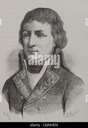 Léonard Mathurin Duphot (1769-1797) Général et poète français. Portrait. Gravure. "Histoire de la Révolution française". Volume I, 2e partie, 1879. Banque D'Images