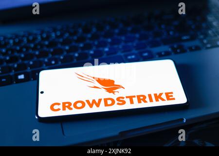 Dans cette illustration photo, le logo CrowdStrike Holdings, Inc est affiché sur l'écran d'un smartphone. Banque D'Images