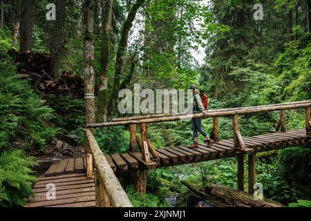 Femme marche sur un pont en bois dans la forêt. Éco-tourisme dans la nature. Randonnée touristique sur le sentier de trekking dans le parc naturel des montagnes Jeseniky, République tchèque Banque D'Images