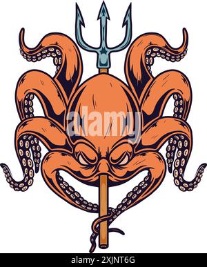 Illustration du poulpe avec poseidon trident. Élément design pour affiche, carte, bannière, emblème, panneau. Illustration vectorielle Illustration de Vecteur