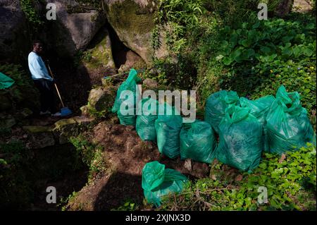 Travailleur se tient près de sacs verts remplis de débris collectés à proximité du château mauresque de Sintra, entouré d'une végétation luxuriante Banque D'Images