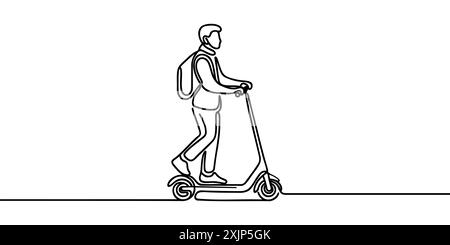 Dessin au trait continu d'un garçon monte un scooter électrique. Modèle pour vos travaux de conception. Illustration vectorielle Illustration de Vecteur