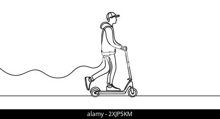 Dessin au trait continu d'un garçon monte un scooter électrique. Modèle pour vos travaux de conception. Illustration vectorielle Illustration de Vecteur