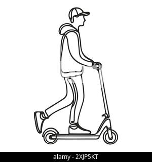 Dessin au trait continu d'un garçon monte un scooter électrique. Modèle pour vos travaux de conception. Illustration vectorielle Illustration de Vecteur