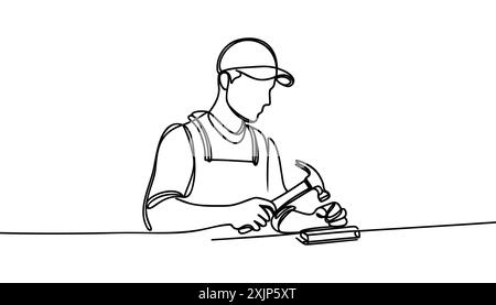 Un ouvrier dessinant une ligne continue frappe un clou. Concept de travail Illustration de Vecteur