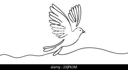 Colombe blanche dans un dessin au trait continu. Oiseau symbole de paix et de liberté dans un style linéaire simple. Concept pour icône de mouvement ouvrier national. Doodle o Illustration de Vecteur