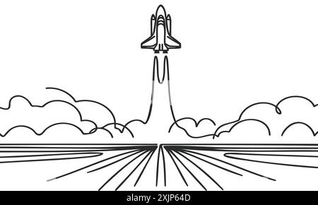 Un dessin au trait continu d'un vaisseau spatial ou d'un vaisseau spatial décolle. Fusée vaisseau spatial lancer dans le concept de l'univers Illustration de Vecteur