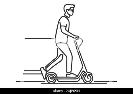 Dessin au trait continu d'un garçon monte un scooter électrique. Modèle pour vos travaux de conception. Illustration vectorielle Illustration de Vecteur