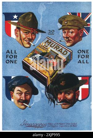 1918 WW1 Murad annonce cigarettes - 'All for One' - soldats alliés militaires fument Banque D'Images