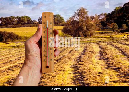 Image conceptuelle d'une personne tenant un thermomètre pour représenter le changement climatique. Banque D'Images