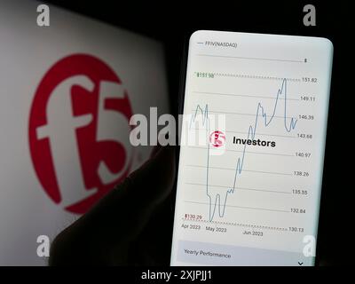 Stuttgart, Allemagne, 07-01-2023 : personne tenant un téléphone portable avec la page Web de la société américaine de sécurité d'application F5 Inc sur l'écran devant le logo. Concentrez-vous sur Banque D'Images