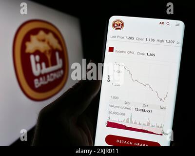 Stuttgart, Allemagne, 11-03-2023 : personne tenant un smartphone avec le site de la société laitière et alimentaire qatari Baladna devant le logo de l'entreprise. Concentrez-vous sur Banque D'Images