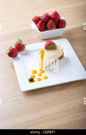 Une tranche de cheesecake crémeux garnie d’une fraise fraîche, servie sur une assiette blanche avec un filet de sauce aux fruits. Un bol de fraises fraîches Banque D'Images