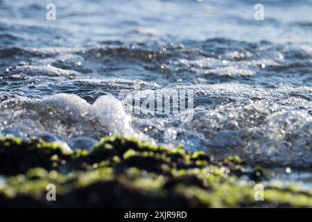 Flou fond bleu de l'eau de l'océan avec des lumières bokeh. Eau sur la plage. Mise au point sélective. Banque D'Images