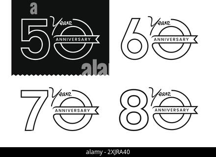 Line Art Doodle of anniversaire 50, 60, 70, 80 ans de conception de logo sur fond blanc pour le moment de célébration. Illustration vectorielle Illustration de Vecteur