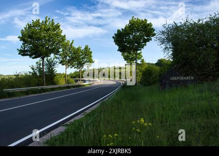 Panneau indiquant l'extraction d'or à côté d'une route sur une soirée de printemps ensoleillée avec un ciel bleu en Rhénanie Palatinat, Allemagne. Banque D'Images