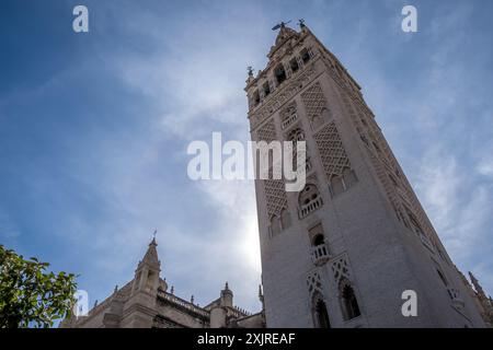 Détail de la Giralda, le clocher de la cathédrale de Séville, un site du patrimoine mondial de l'UNESCO dans le centre historique (Casco Antiguo) de Séville Banque D'Images