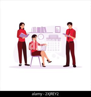 La situation grave entre deux femmes et un homme. Discuter et échanger des idées sur les affaires dans un bureau avec beaucoup de livres et d'horloges murales. O Illustration de Vecteur