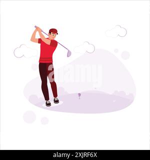 Le golfeur professionnel sur le terrain de golf est prêt à prendre des coups et marquer des points. Illustration plate vectorielle moderne tendance. Illustration de Vecteur