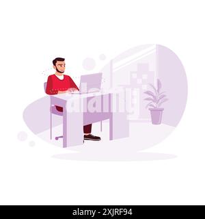 Jeune homme d'affaires, assis dans un bureau, vérifiant sérieusement le travail sur un ordinateur portable. Illustration plate vectorielle moderne tendance. Illustration de Vecteur