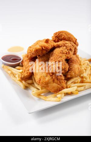 Vue sur une assiette de lanières de poulet frites et de frites. Banque D'Images