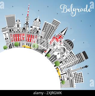 Belgrade Serbie City Skyline avec des bâtiments de couleur, ciel bleu et espace copie. Illustration vectorielle. Paysage urbain de Belgrade avec des points de repère. Illustration de Vecteur