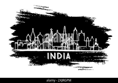 Silhouette de la ville d'Inde Skyline. Esquisse dessinée à la main. Voyage d'affaires et concept de tourisme avec l'architecture moderne. Illustration vectorielle. Paysage urbain indien. Illustration de Vecteur