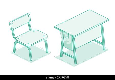 Table et chaise isométriques de bureau d'école. Illustration vectorielle. Contour de l'objet isolé sur fond blanc. Salle de classe. Illustration de Vecteur