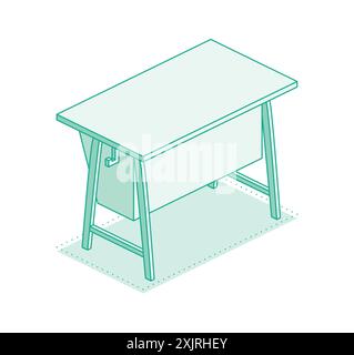 Table isométrique de bureau d'école. Illustration vectorielle. Contour de l'objet isolé sur fond blanc. Salle de classe. Illustration de Vecteur