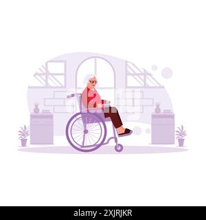 Portrait d'une femme âgée assise dans un fauteuil roulant dans une maison heureusement. Illustration plate vectorielle moderne tendance. Illustration de Vecteur